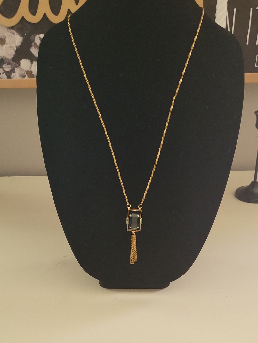 Gold-Tone Long Tassel Necklace with Green Stone Pendant MCM 1970s